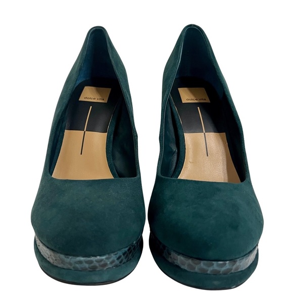 Dolce Vita Veile Suede Block Heels Platform Teal Green Faux Snake Skin Trim 10 - Picture 3 of 17